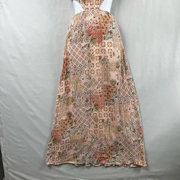 Promesa Maxi Dress Womens Medium Sleeveless Floral Cutout Sides Gauze Pink - Picture 2 of 10